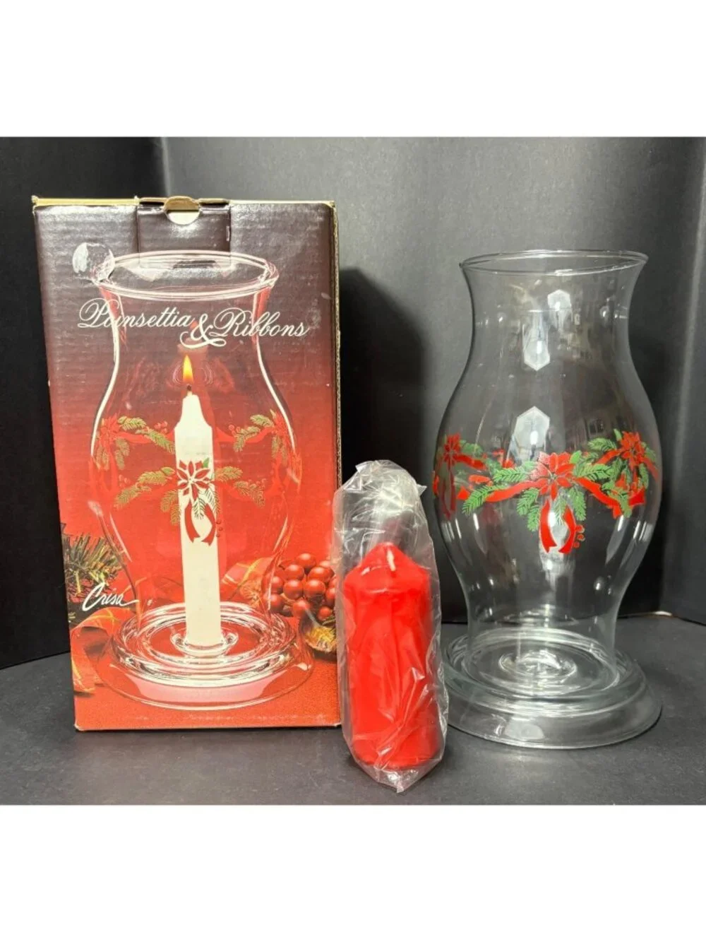 Vintage 1990 Poinsettia & Ribbons Holiday Glass Hurricane Shade Set Christmas
